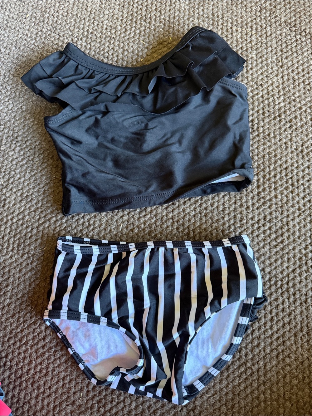 Ruffle Butts Black Ruffle Crop Swim Top with Black & White Stripe Bottoms